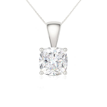 14K Gold Cushion Cut Moissanite Solitaire Necklace - Solid Bail on Cable Chain