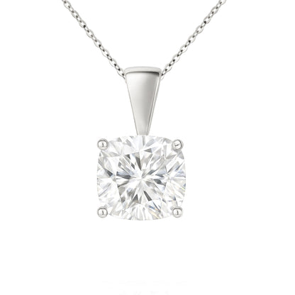 14K Gold Cushion Cut Moissanite Solitaire Necklace - Solid Bail on Cable Chain