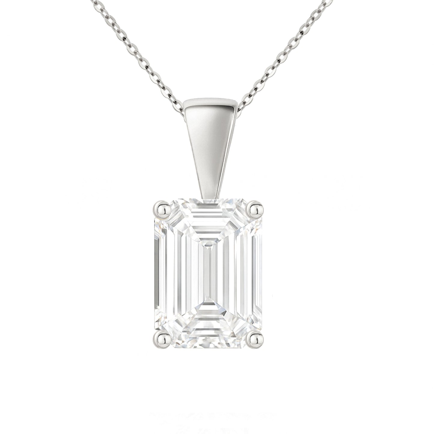14K Gold Emerald Cut Moissanite Solitaire Necklace - Solid Bail on Cable Chain