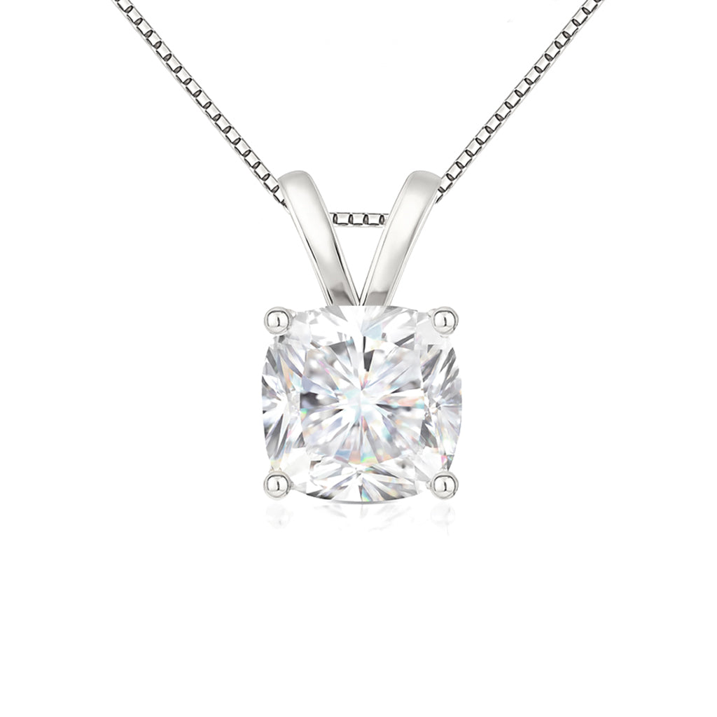 14K Gold Cushion Cut Moissanite Solitaire Necklace - Double Loop Bail on Box