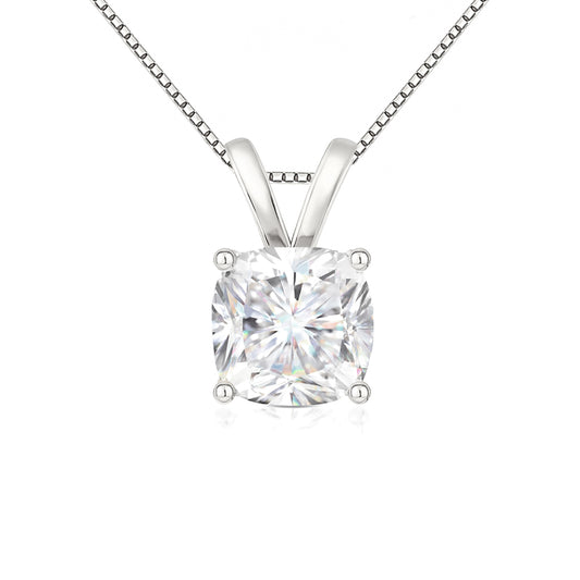 14K Gold Cushion Cut Moissanite Solitaire Necklace - Double Loop Bail on Box