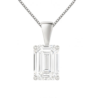 14K Gold Emerald Cut Moissanite Solitaire Necklace - Solid Bail on Box Chain