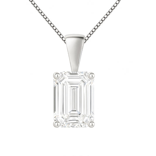 14K Gold Emerald Cut Moissanite Solitaire Necklace - Solid Bail on Box Chain