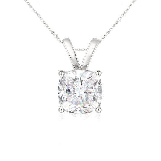 14K Gold Cushion Cut Moissanite Solitaire Necklace - Double Loop Bail on Cable Chain