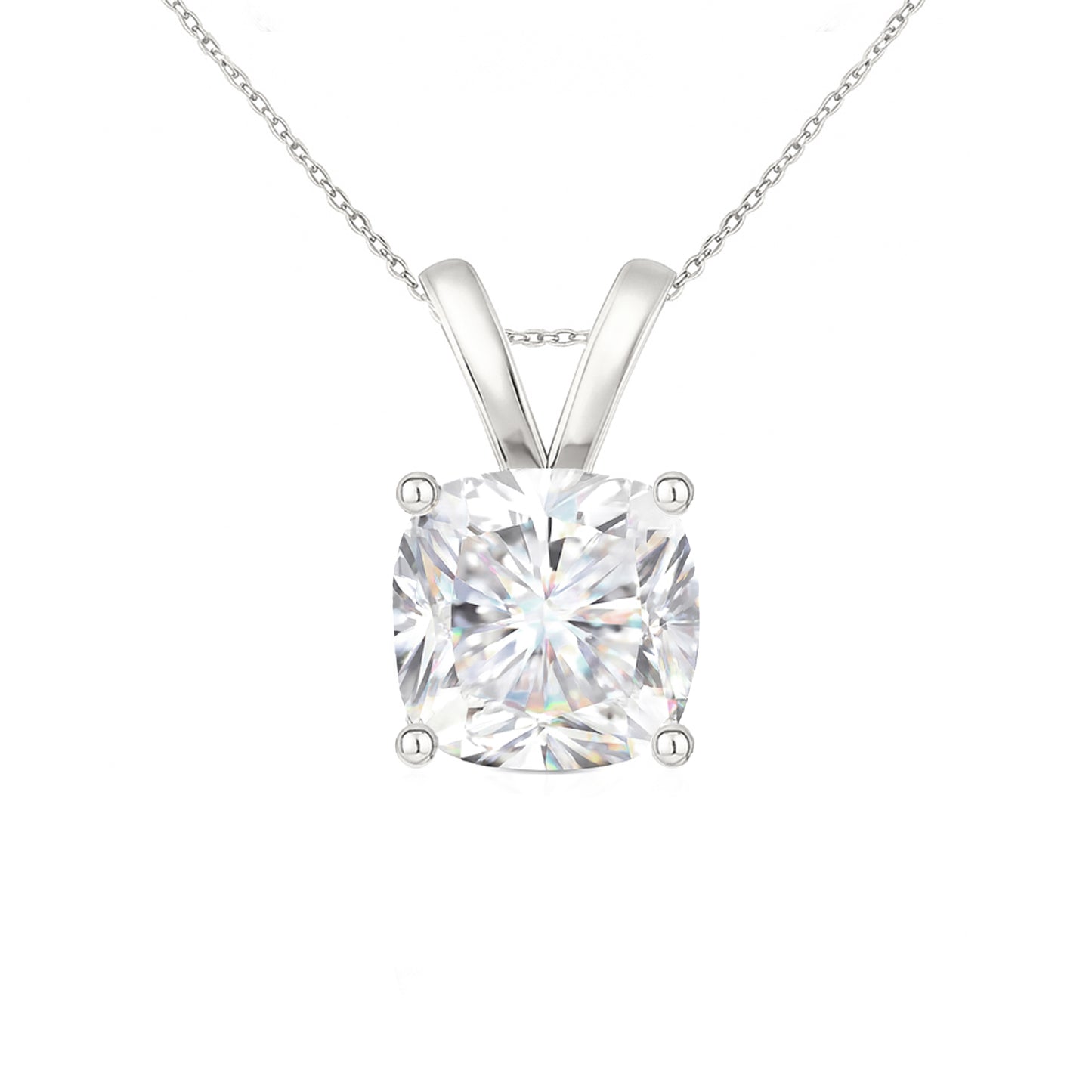 14K Gold Cushion Cut Moissanite Solitaire Necklace - Double Loop Bail on Cable Chain