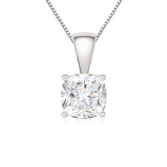 14K Gold Cushion Cut Moissanite Solitaire Necklace - Solid Bail on Box Chain