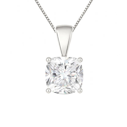 14K Gold Cushion Cut Moissanite Solitaire Necklace - Solid Bail on Box Chain