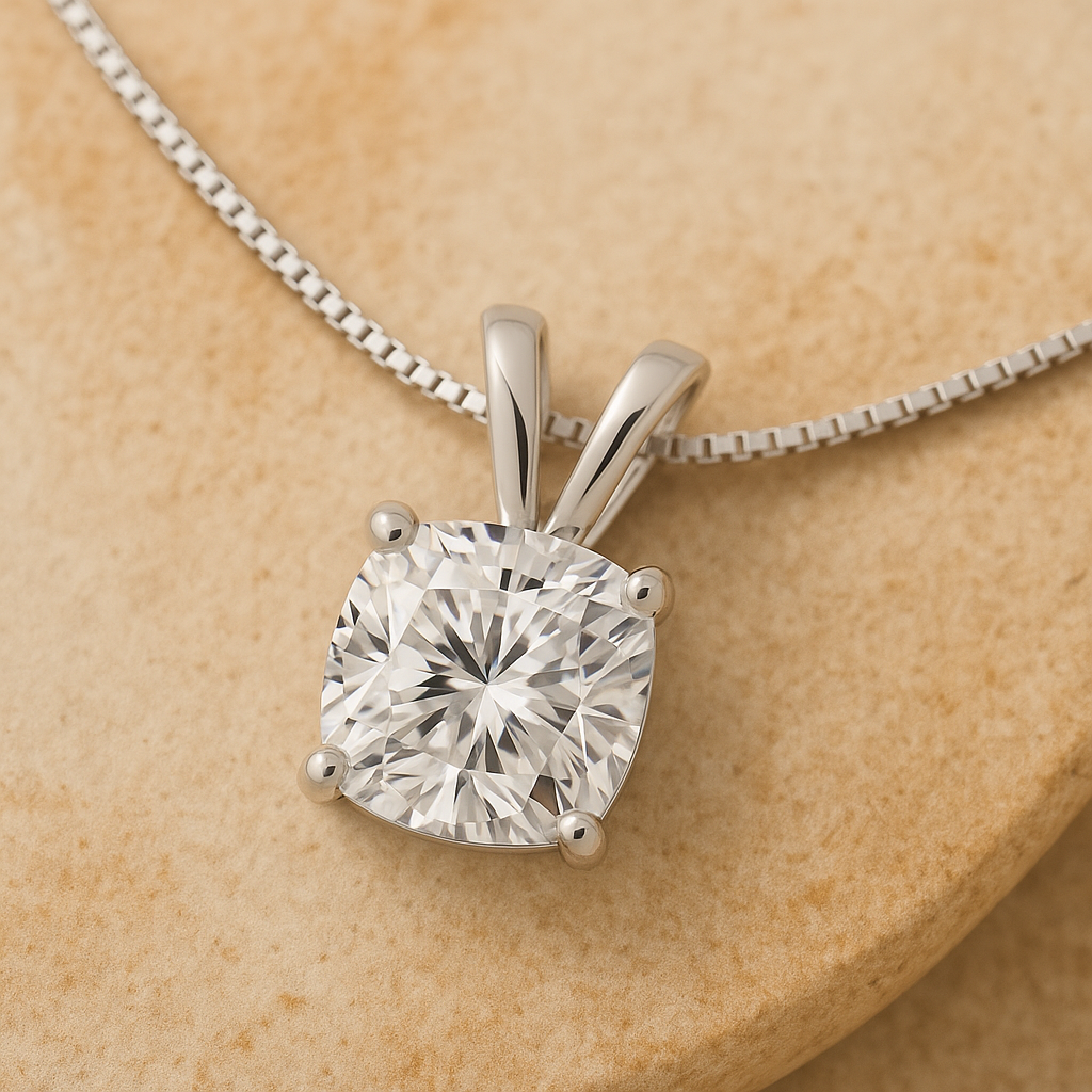 14K Gold Cushion Cut Moissanite Solitaire Necklace - Double Loop Bail on Box