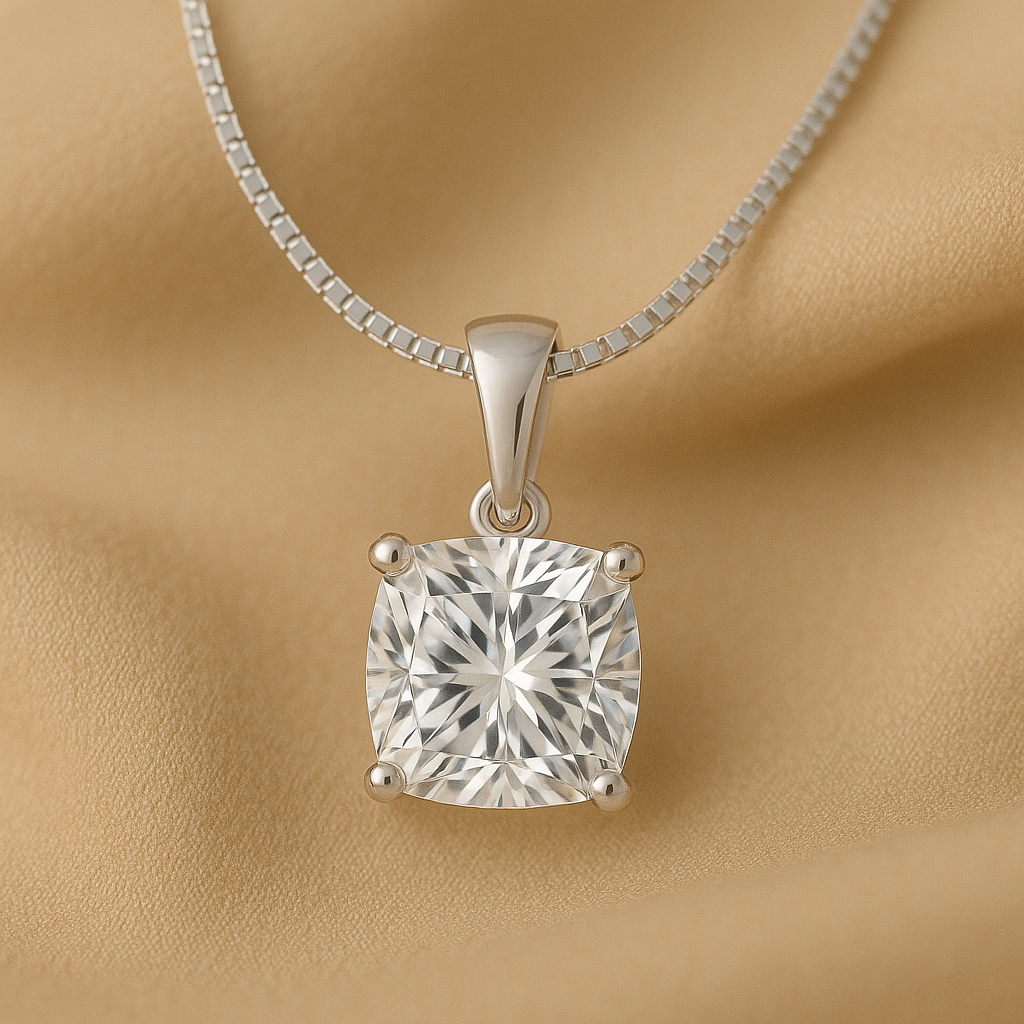 14K Gold Cushion Cut Moissanite Solitaire Necklace - Dangle Bail on Box Chain