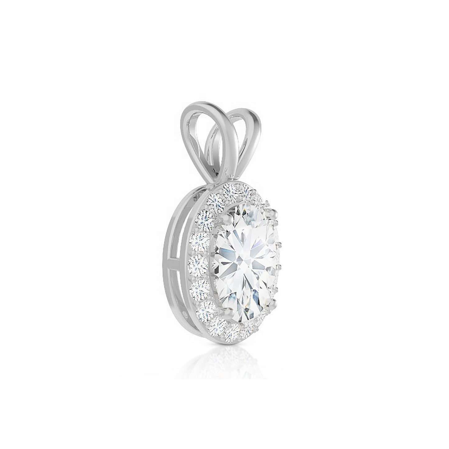 14K Gold Oval Cut Halo Moissanite Necklace - Double Loop Bail