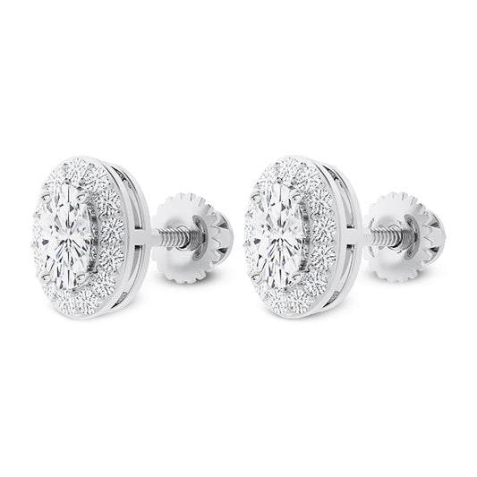 14K Gold Oval Cut Moissanite Halo Stud Earrings