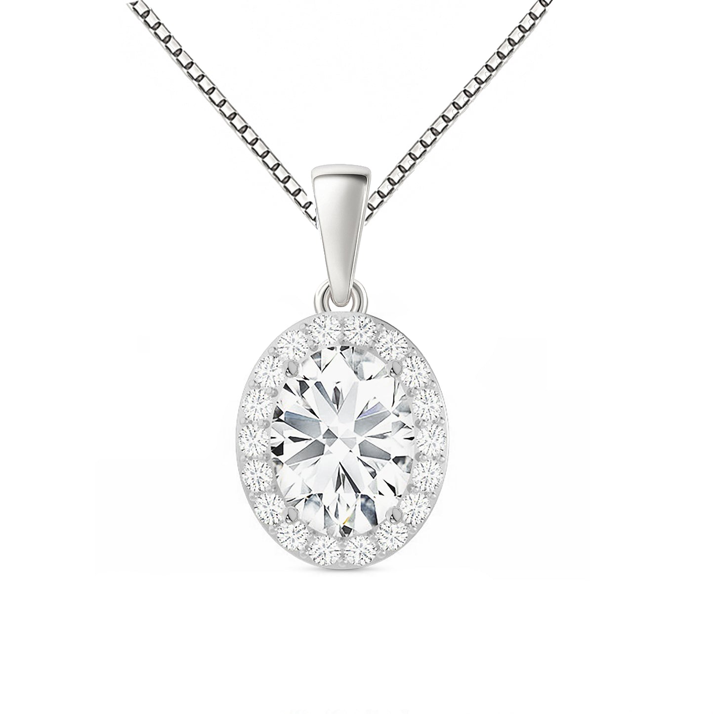 14K Gold Oval Cut Halo Moissanite Necklace - Dangle Bail with Box Chain
