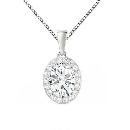 14K Gold Oval Cut Halo Moissanite Necklace - Dangle Bail with Box Chain
