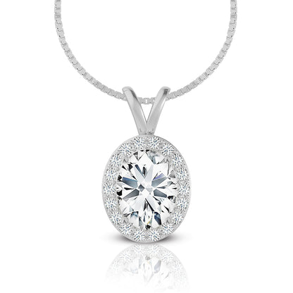14K Gold Oval Cut Halo Moissanite Necklace - Double Loop Bail