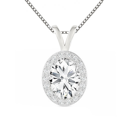 14K Gold Oval Cut Halo Moissanite Necklace - Double Loop Bail with Box Chain