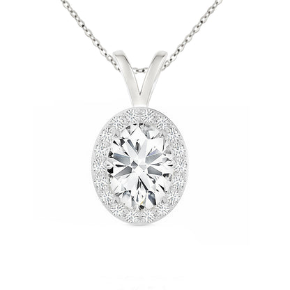 14K Gold Oval Cut Halo Moissanite Necklace - Double Loop Bail with Cable Chain
