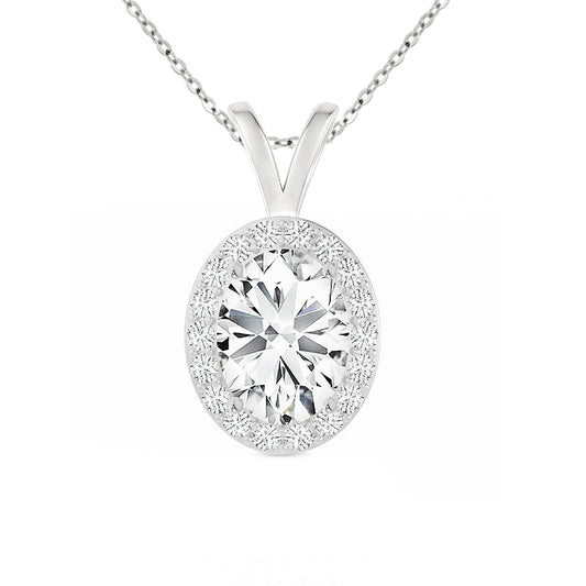 14K Gold Oval Cut Halo Moissanite Necklace - Double Loop Bail with Cable Chain
