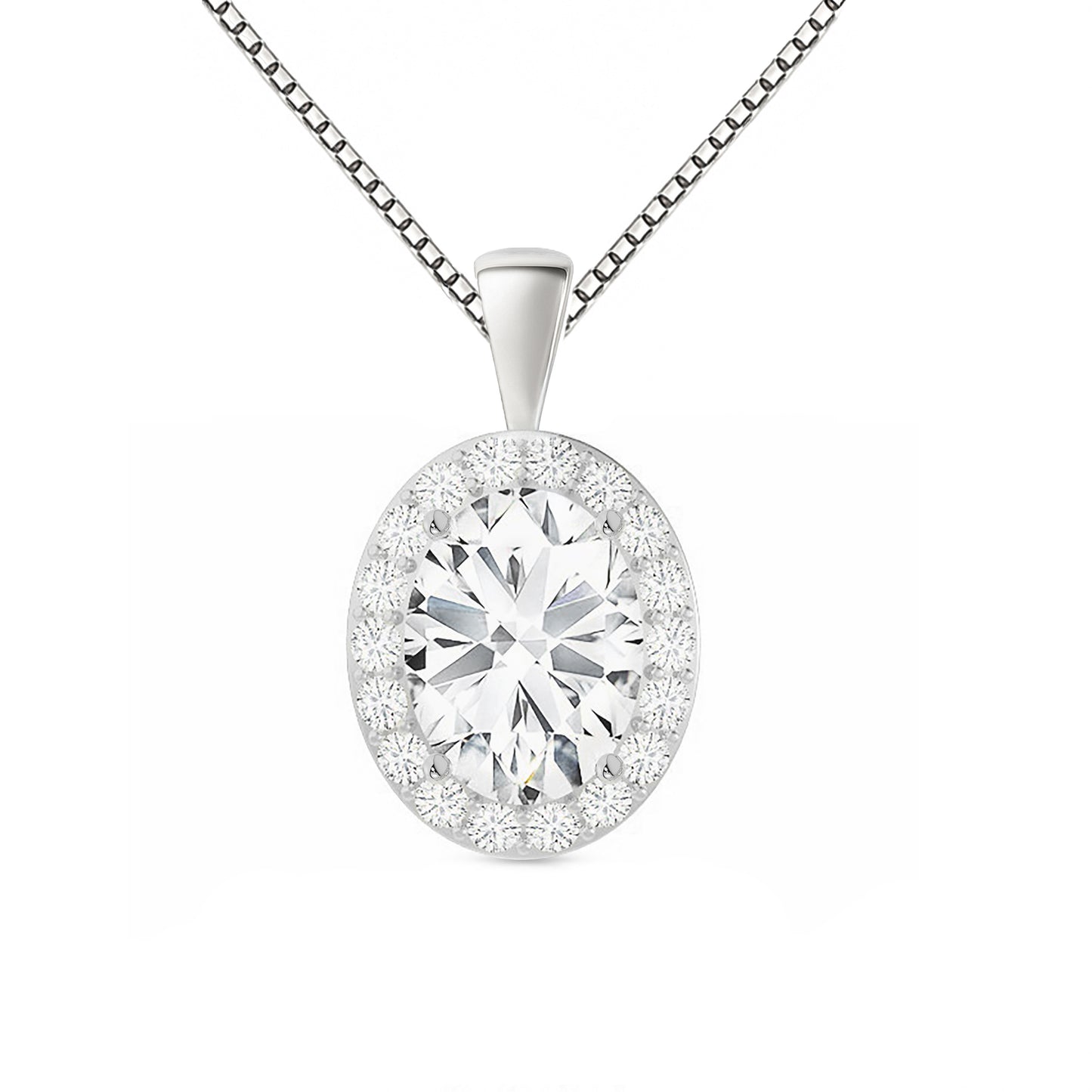 14K Gold Oval Cut Halo Moissanite Necklace - Solid Bail with Box Chain