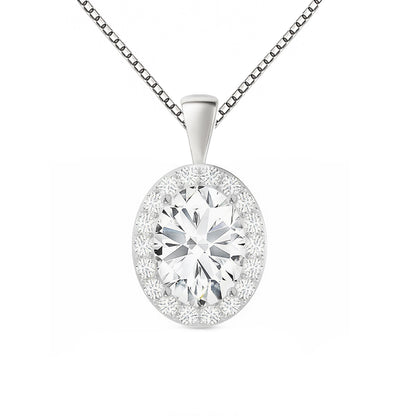 14K Gold Oval Cut Halo Moissanite Necklace - Solid Bail with Box Chain