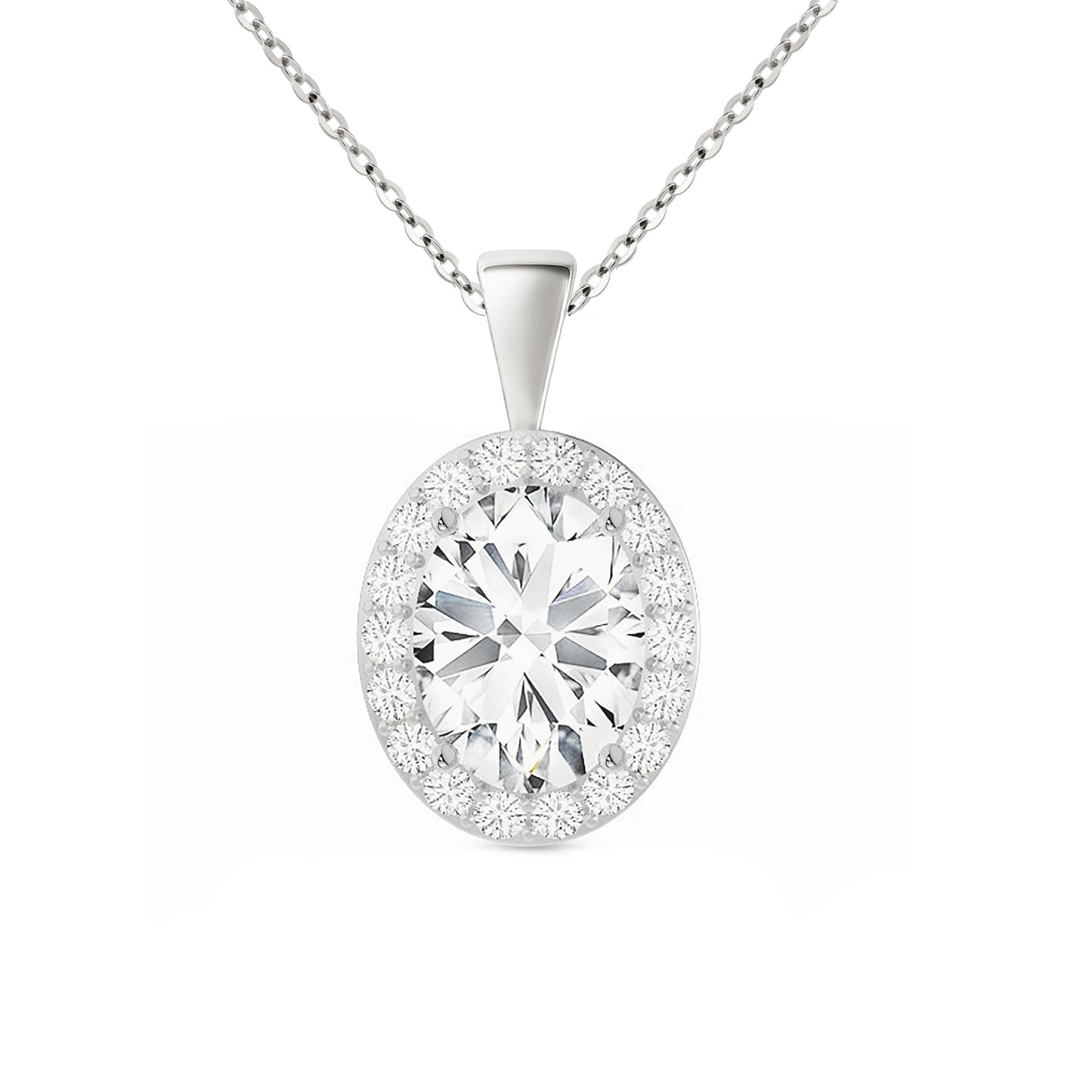 14K Gold Oval Cut Halo Moissanite Necklace - Solid Bail with Cable Chain