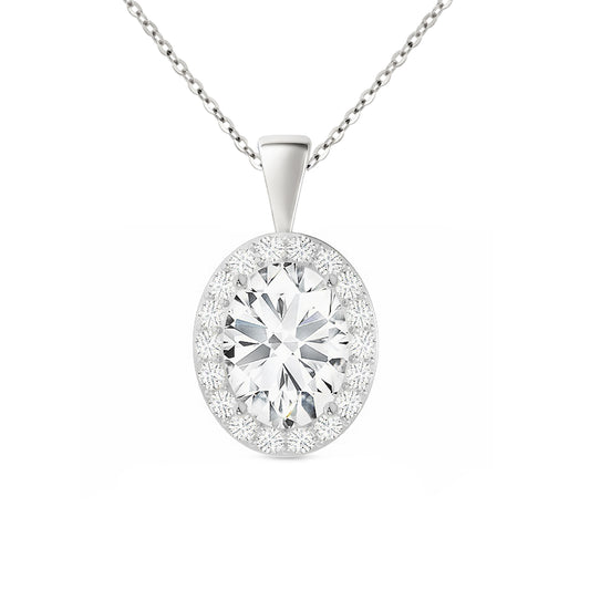 14K Gold Oval Cut Halo Moissanite Necklace - Solid Bail with Cable Chain