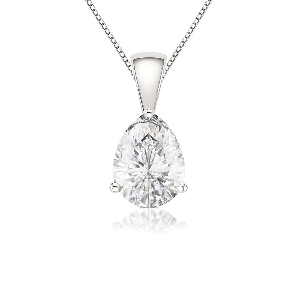 14K Gold Pear Cut Moissanite Solitaire Necklace - Solid Bail on Box Chain