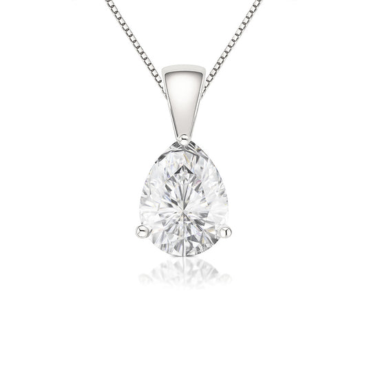 14K Gold Pear Cut Moissanite Solitaire Necklace - Solid Bail on Box Chain