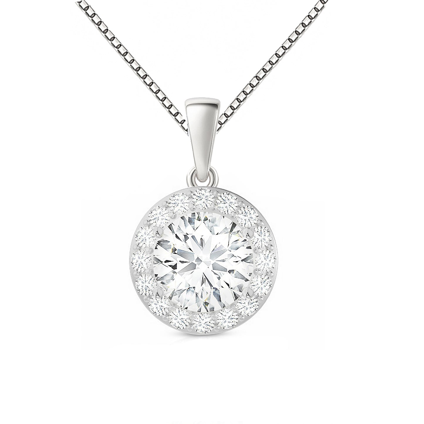 14K Gold Round Cut Halo Moissanite Necklace - Dangle Bail with Box Chain