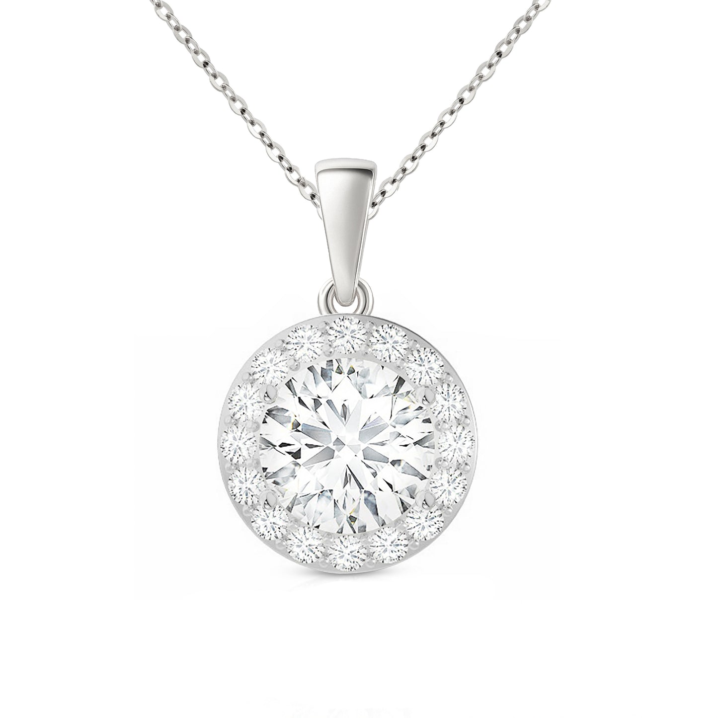 14K Gold Round Cut Halo Moissanite Necklace - Dangle Bail with Cable Chain
