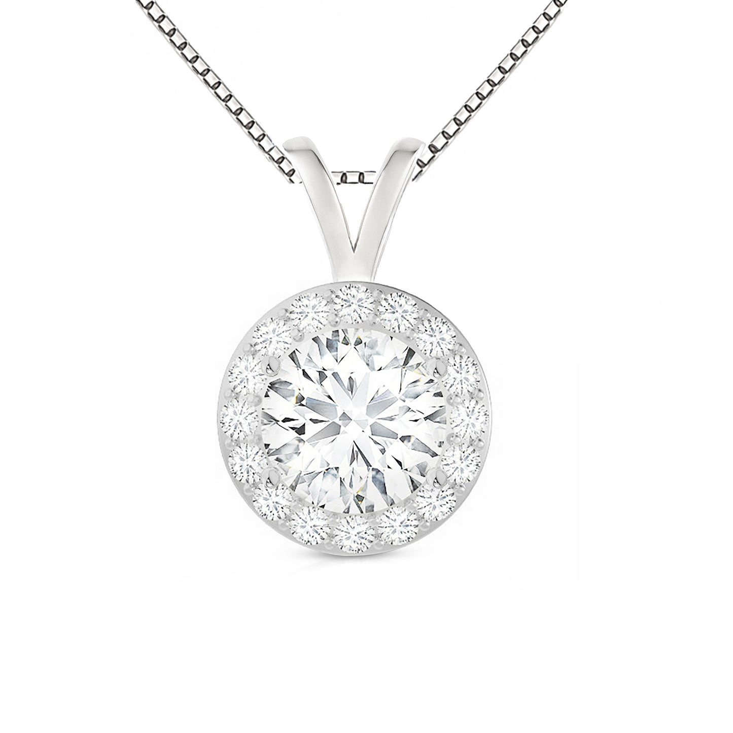 14K Gold Round Cut Halo Moissanite Necklace - Double Loop Bail with Box Chain