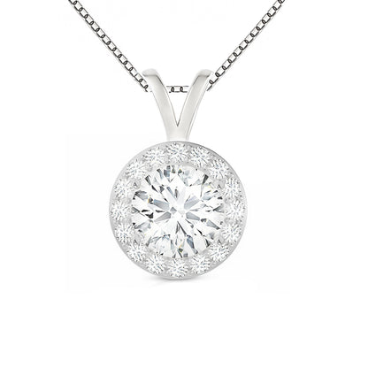 14K Gold Round Cut Halo Moissanite Necklace - Double Loop Bail with Box Chain