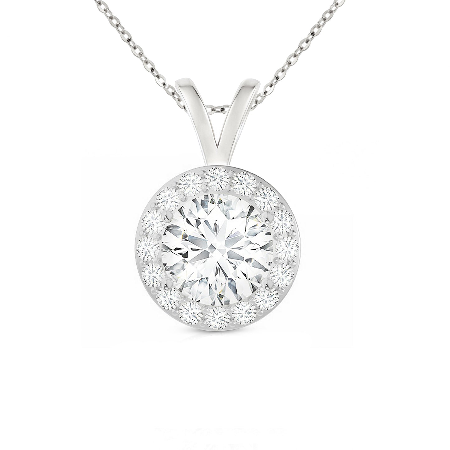 14K Gold Round Cut Halo Moissanite Necklace - Double Loop Bail with Cable Chain