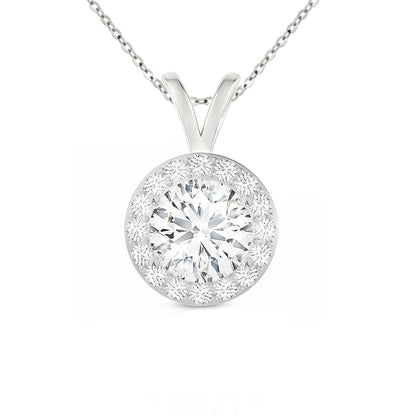 14K Gold Round Cut Halo Moissanite Necklace - Double Loop Bail with Cable Chain