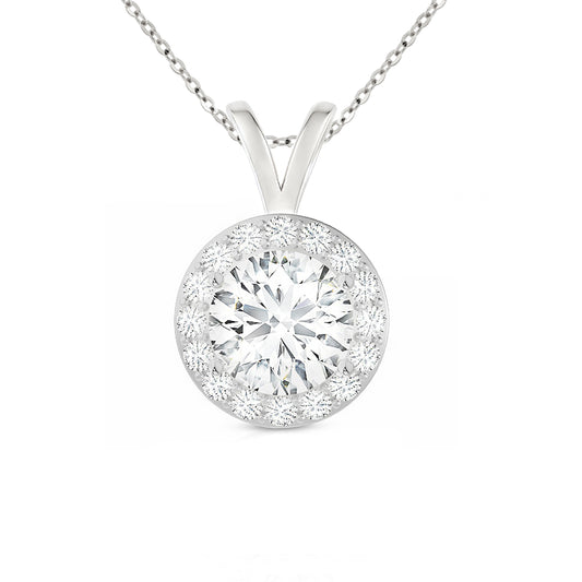 14K Gold Round Cut Halo Moissanite Necklace - Double Loop Bail with Cable Chain