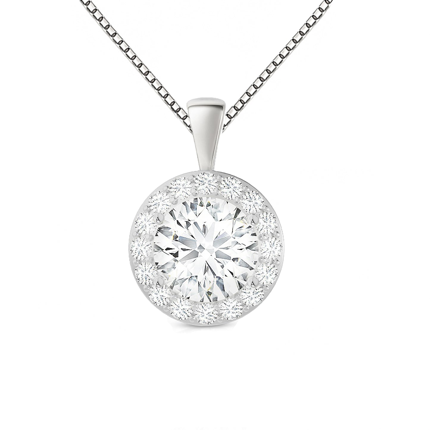 14K Gold Round Cut Halo Moissanite Necklace - Solid Bail on Box Chain