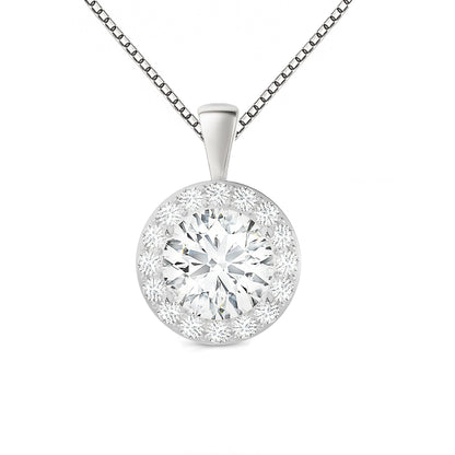 14K Gold Round Cut Halo Moissanite Necklace - Solid Bail on Box Chain