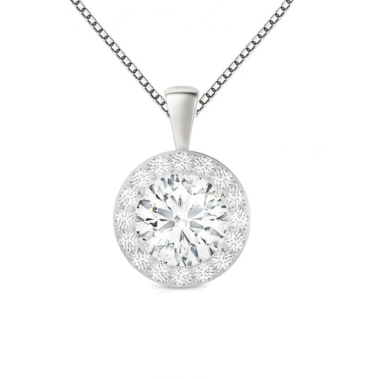 14K Gold Round Cut Halo Moissanite Necklace - Solid Bail on Box Chain
