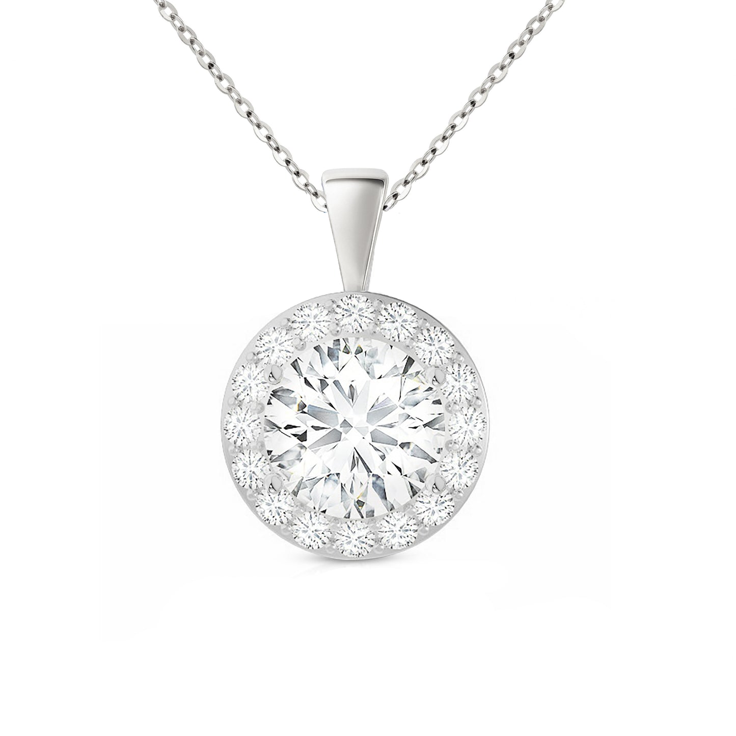 14K Gold Round Cut Halo Moissanite Necklace - Solid Bail on Cable Chain