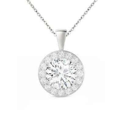 14K Gold Round Cut Halo Moissanite Necklace - Solid Bail on Cable Chain