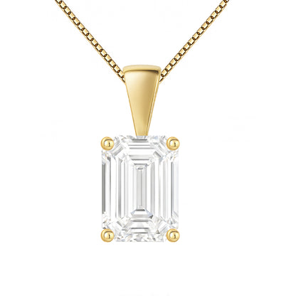 14K Gold Emerald Cut Moissanite Solitaire Necklace - Solid Bail on Box Chain