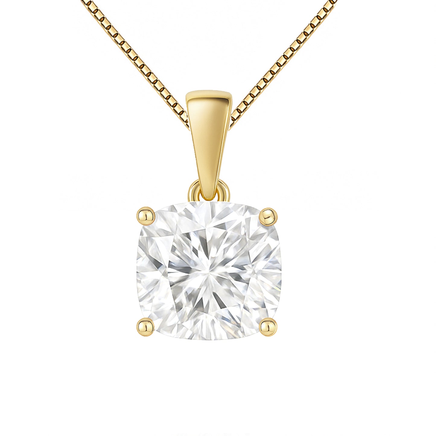 14K Gold Cushion Cut Moissanite Solitaire Necklace - Dangle Bail on Box Chain