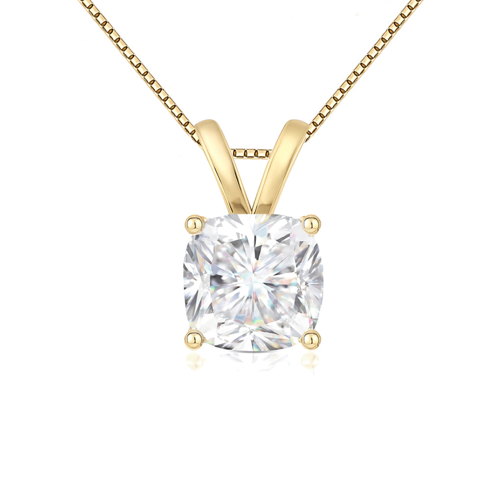 14K Gold Cushion Cut Moissanite Solitaire Necklace - Double Loop Bail on Box