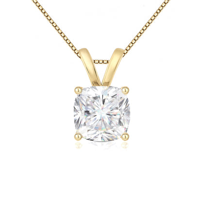 14K Gold Cushion Cut Moissanite Solitaire Necklace - Double Loop Bail on Box