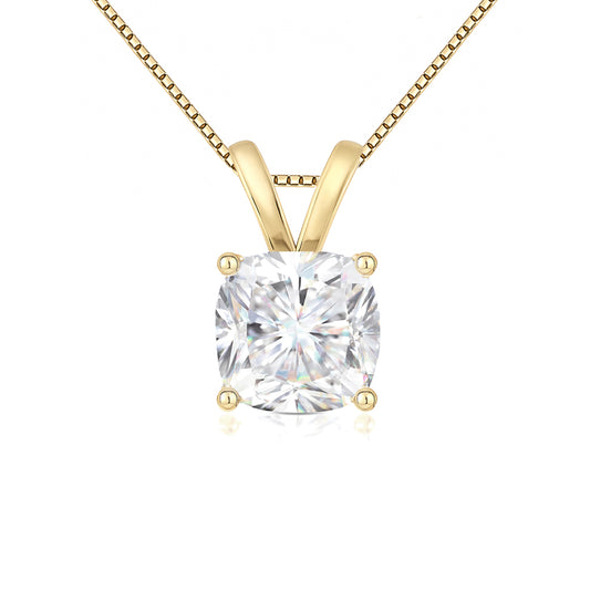 14K Gold Cushion Cut Moissanite Solitaire Necklace - Double Loop Bail on Box