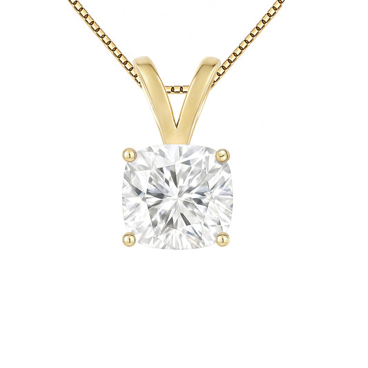 14K Gold Cushion Cut Moissanite Solitaire Necklace - Double Loop Bail on Box