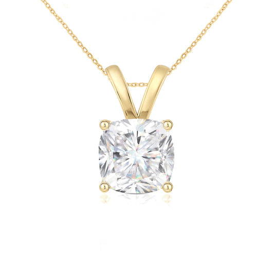 14K Gold Cushion Cut Moissanite Solitaire Necklace - Double Loop Bail on Cable Chain