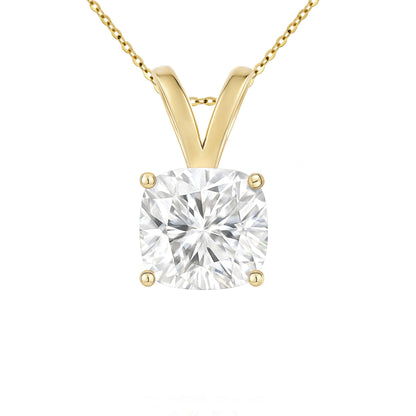 14K Gold Cushion Cut Moissanite Solitaire Necklace - Double Loop Bail on Cable Chain