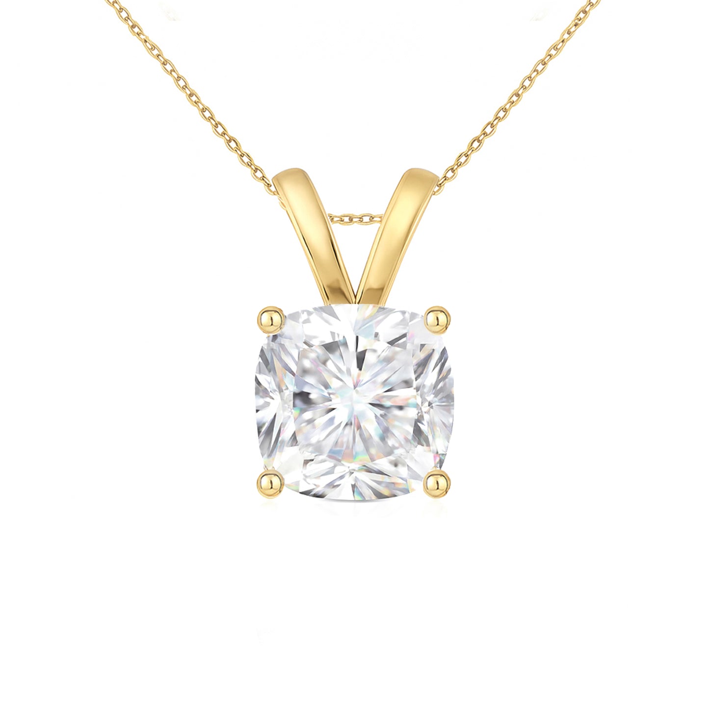 14K Gold Cushion Cut Moissanite Solitaire Necklace - Double Loop Bail on Cable Chain