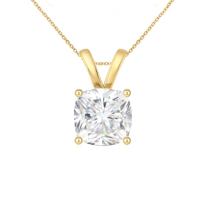 14K Gold Cushion Cut Moissanite Solitaire Necklace - Double Loop Bail on Cable Chain