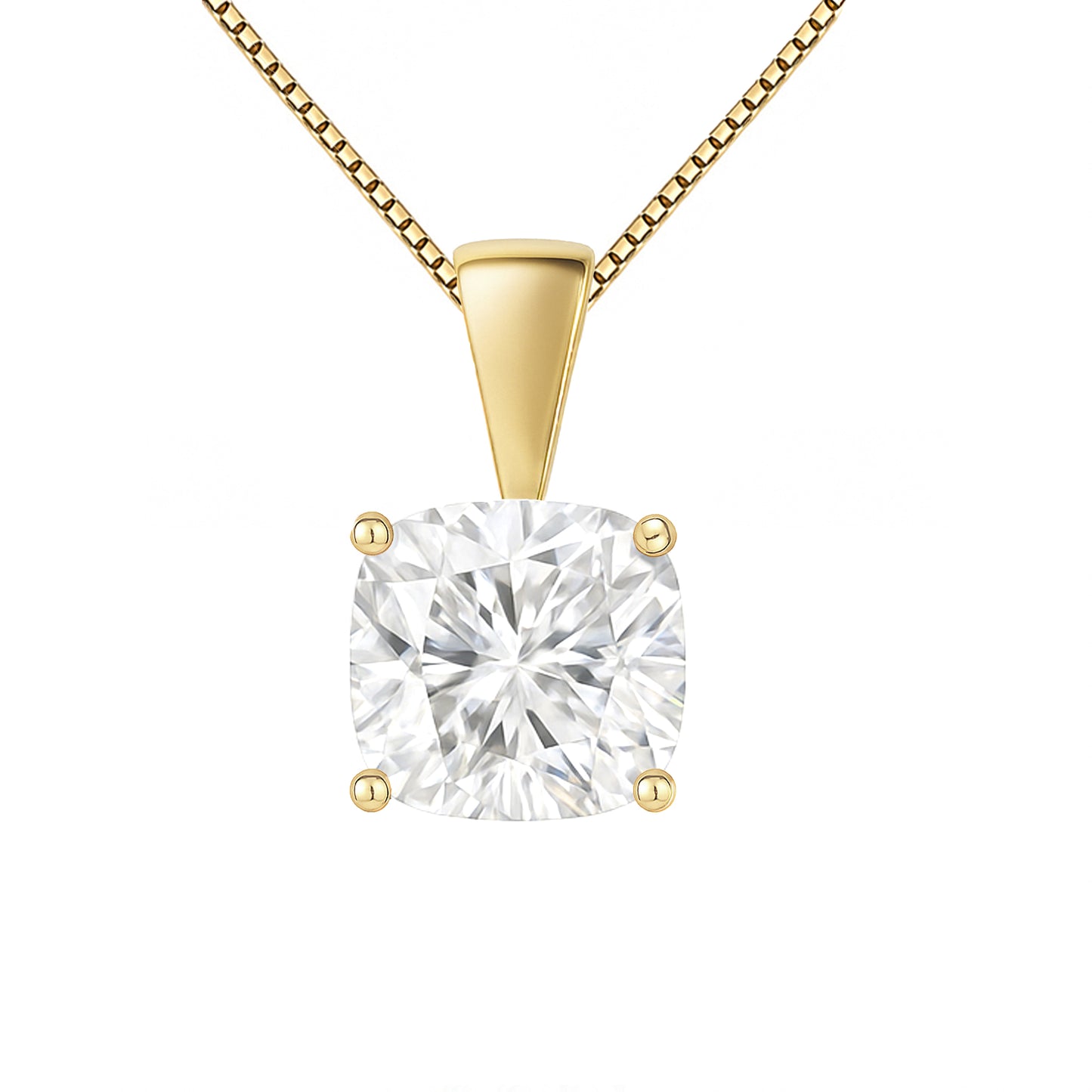 14K Gold Cushion Cut Moissanite Solitaire Necklace - Solid Bail on Box Chain